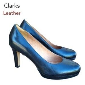 Clarks Artisan Delsie Bliss Black Leather Platform High Heel Shoe Pump Women 8.5